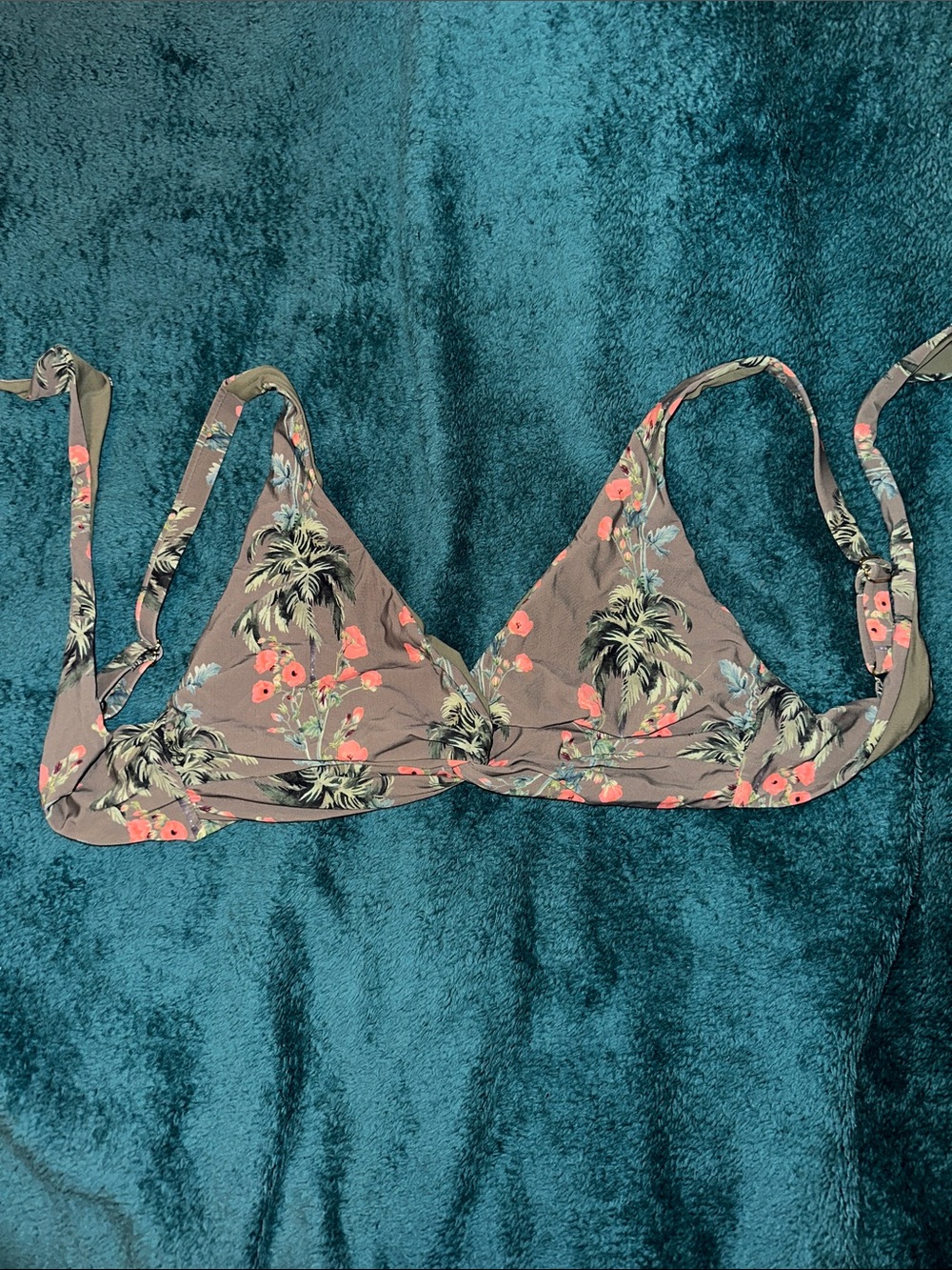 Women's Floral Triangle Bikini Top - Taupe with Coral Accents
